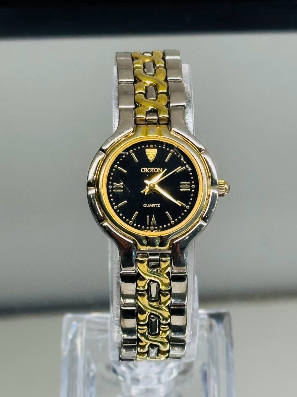Vintage Croton Ladies Quartz Watch Two Tone Black Dial 22mm New Battery Runs